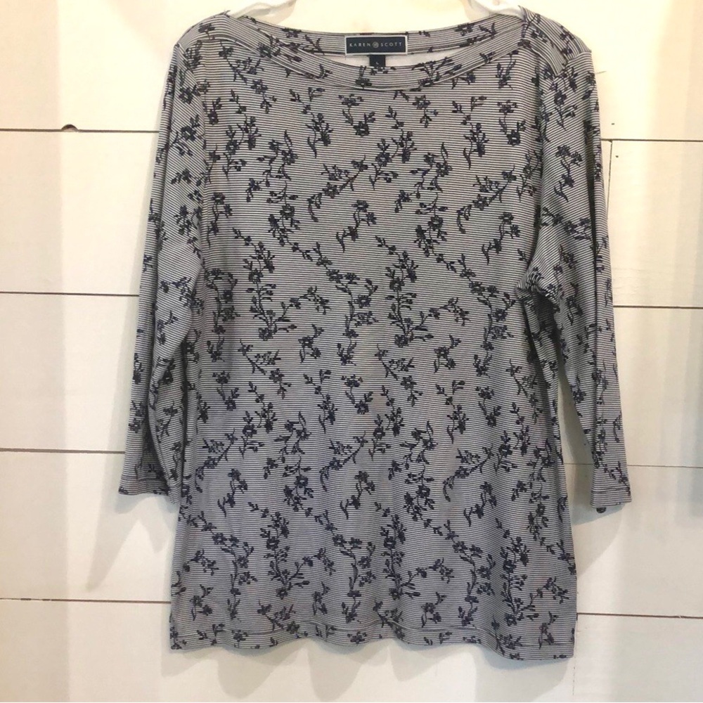 Karen Scott Navy Blue 3/4 Sleeve Floral Striped Boat Neck Jersey Size Large
